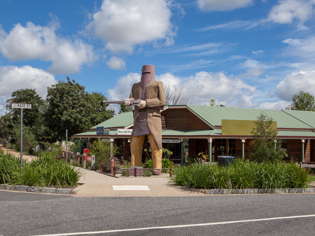 The imposing Big Ned Kelly stands in Glenrowan, the Victorian town where he took his last stand.