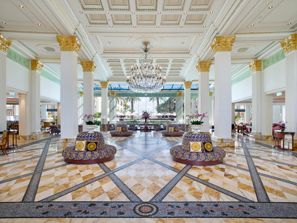 an elegant hotel lobby inside Palazzo Versace