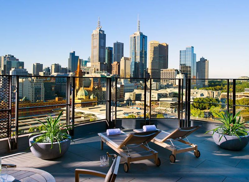 The Langham, looking across the Melbourne skyline.