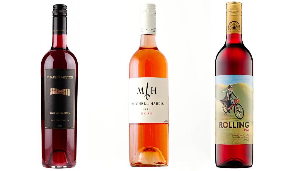 2012 Charles Melton Rose of Virginia, Barossa Valley; 2011 Mitchell Harris Rose, Pyrenees; 2011 Rolling Pink, Central Ranges