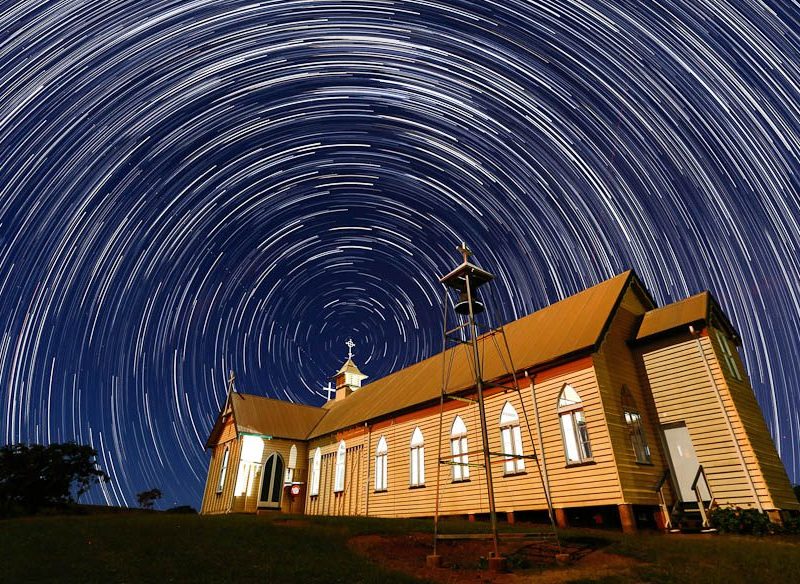 Star trails at Ravenswood Church, QLD (by Cameron Laird).