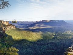 The Blue Mountains through the glass-floored Skyway.