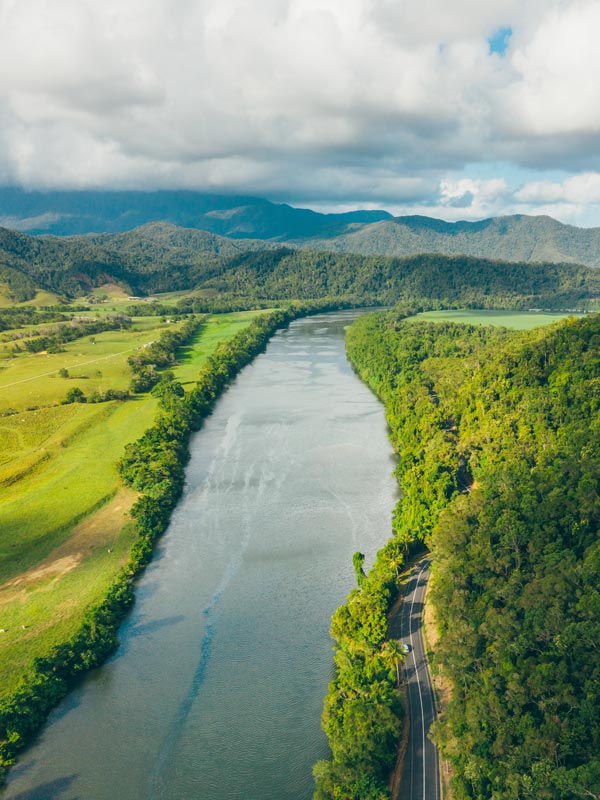 The Daintree River running side by side with the Great Barrier Reef Drive. (Image: Tourism and Events Queensland)