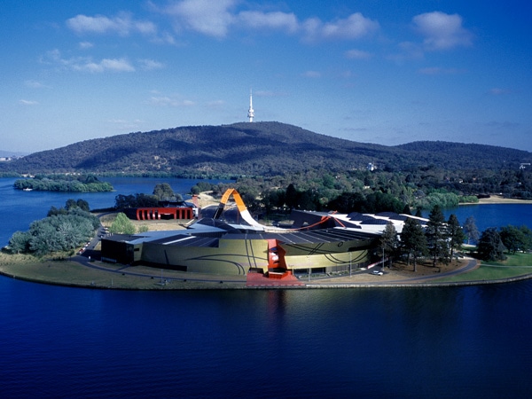 an aerial view of National Museum of Australia on Acton peninsula