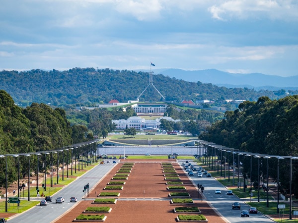 top view of Australian War Memorial against a scenic backdrop