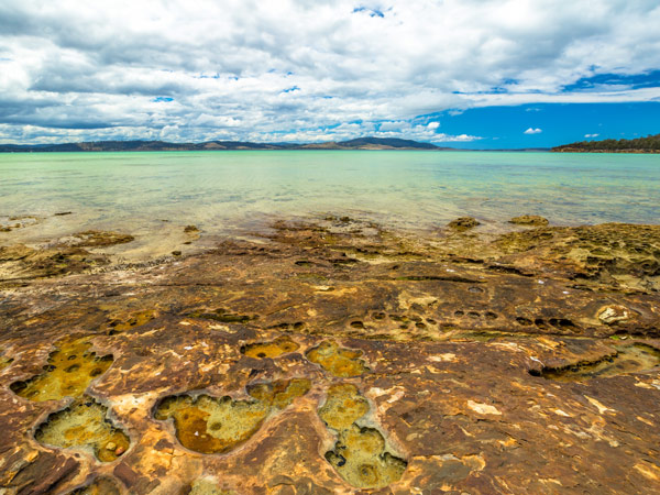 the Lime Bay, Tas fringed by limestone rocks