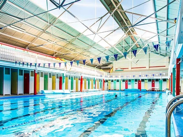A swimming pool inside.
