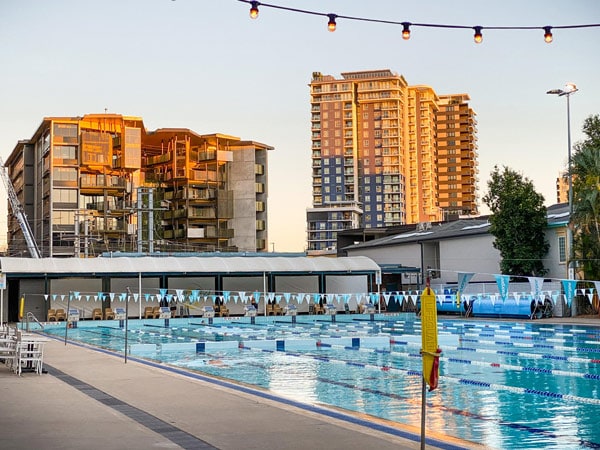 A swimming pool outside.
