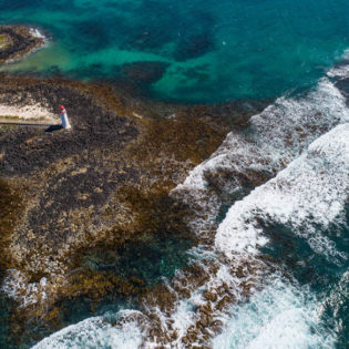 Birds eye view above the Port Fairy foreshore.