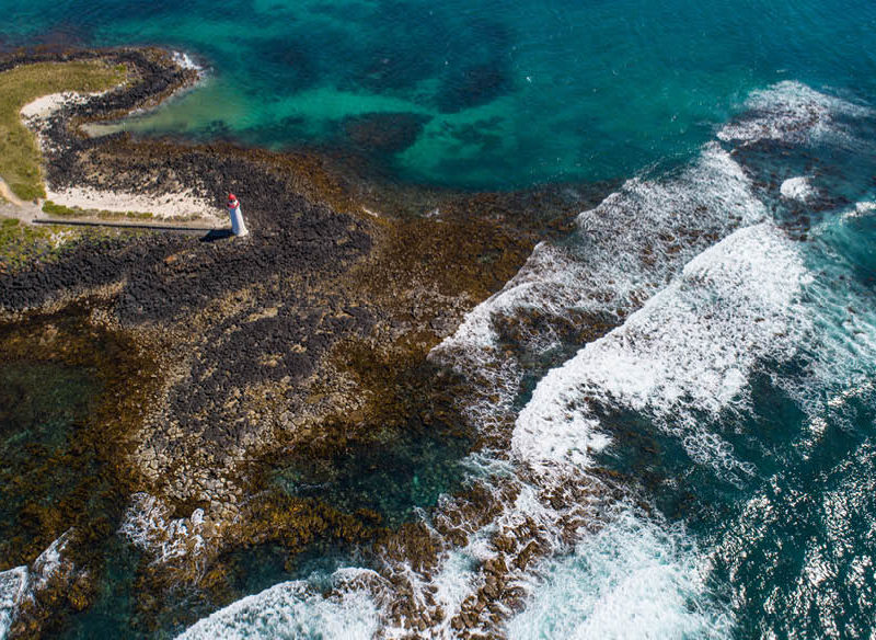 Birds eye view above the Port Fairy foreshore.