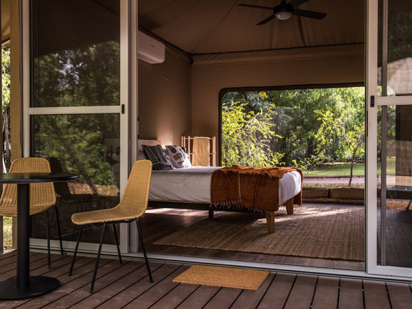 the bedroom interior inside the tent at Cooinda Lodge