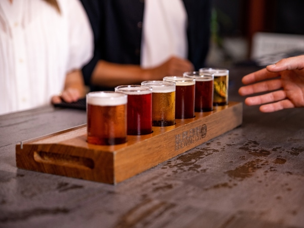 drinks lined on the table at Burleigh Brewing Company, Burleigh Heads Queensland