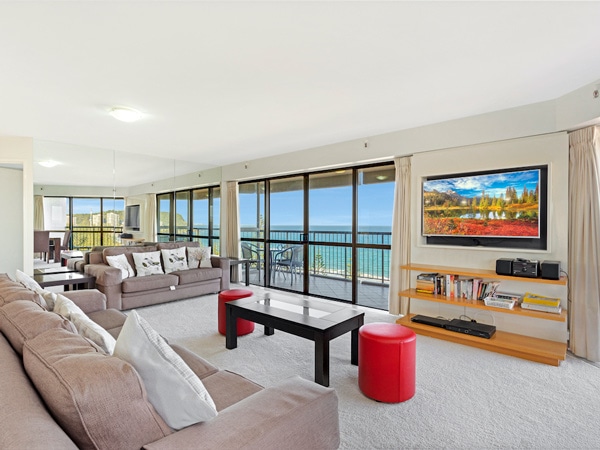 a superior bedroom lounge with beach views at Burleigh Esplanade Apartments