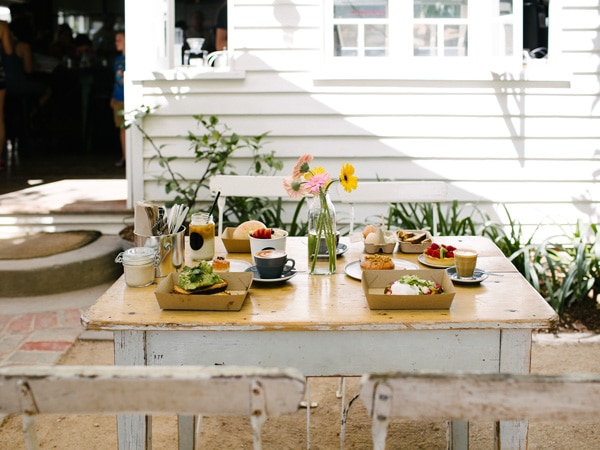 an al fresco dining setup at Paddock Bakery, Burleigh Heads Queensland