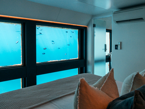 a bed with a view of the fishes from a glass window, Reef Suite