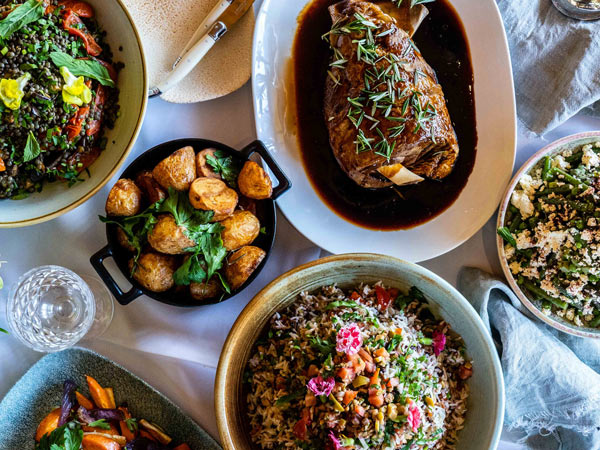 Meat, potatoes and salads from bendooley Estate in berrima.