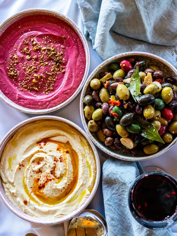 Hummous, beetroot dip and mixed olives from Bendooley Estate in Berrima