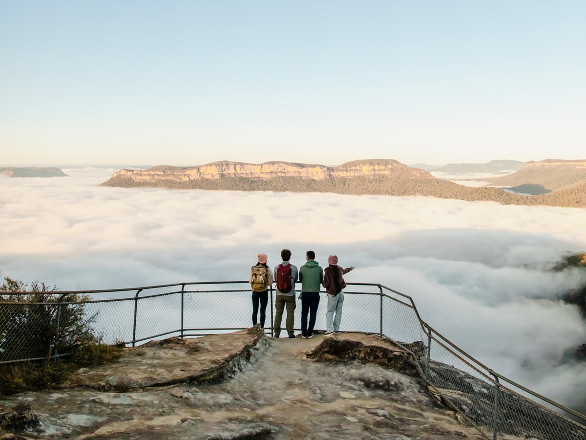 hikers overlooking the Olympian Rock Lookout, Blue Mountains National Park