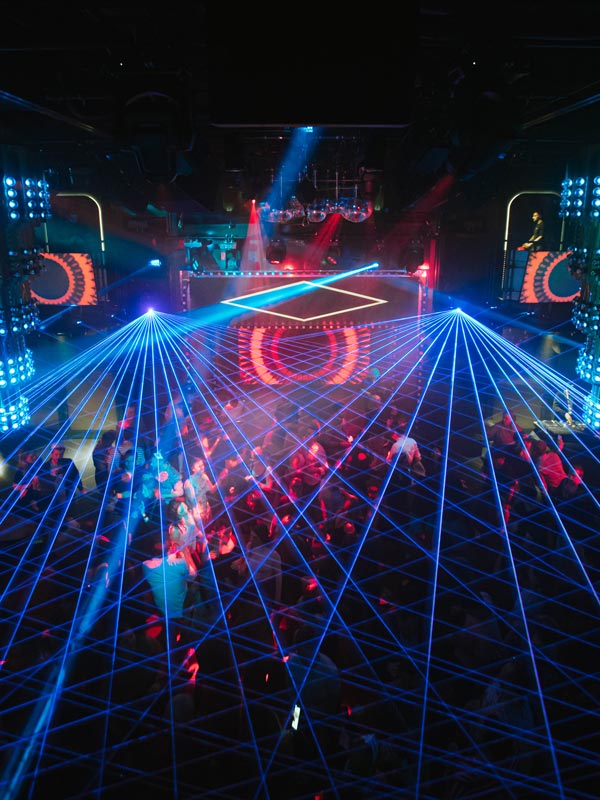 a laser top dance party onboard Virgin Voyages' Resilient Lady