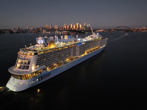 an aerial view of Ovation of the Seas at night