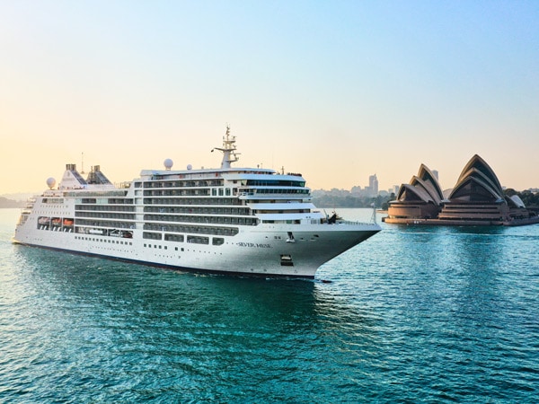 an aerial view of the Silversea Muse cruise ship, Australia