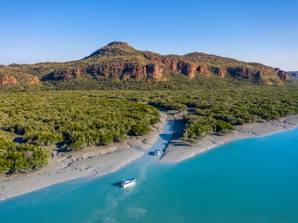 an aerial view of the Coral Expedition in the Kimberley waters