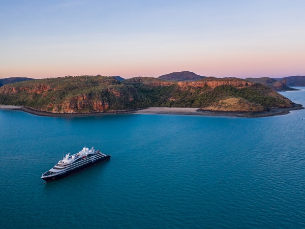an aerial view of the Ponant ship sailing from Broome to Darwin