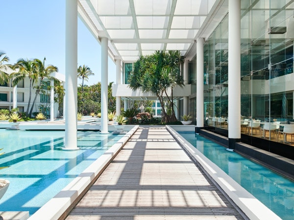 the waterfront boardwalk at Sheraton Grand Mirage Resort