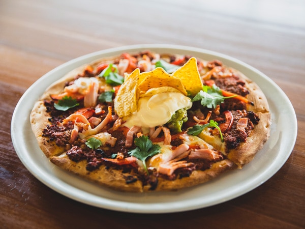 Mexican beef and bacon pizza on the bar menu at Thirsty Crow Brewery, Wagga Wagga