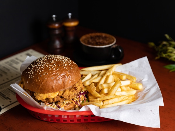 the signature chicken burger with fries at Trail St Coffee Shop, Wagga Wagga