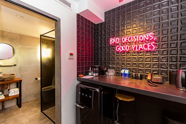 bright pink interior at Pink Hotel