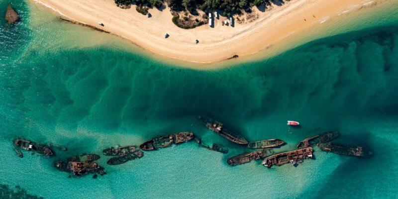 an aerial view of The Wrecks Campground, Moreton Island