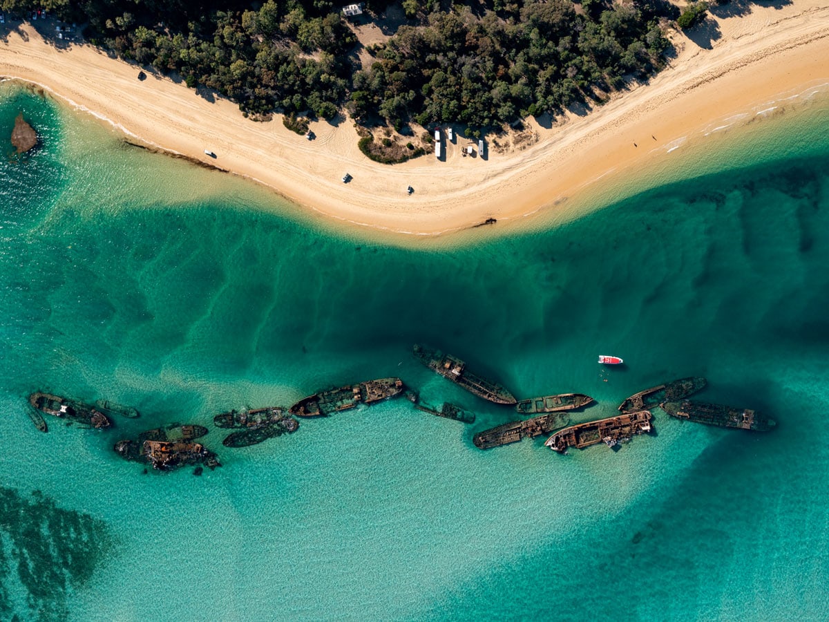 an aerial view of The Wrecks Campground, Moreton Island