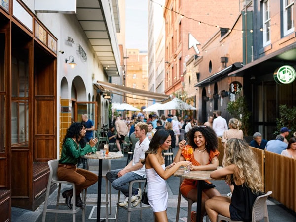 friends dining al fresco at Peel Street, Adelaide