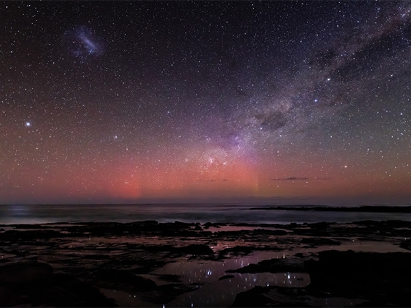 Starlight reflecting in the rock pools overlooking Bass Strait, adjacent to the Marengo Marine Park in Apollo Bay