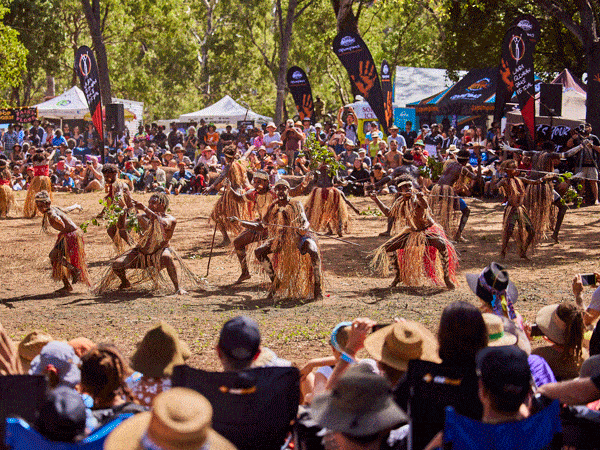 Indigenous group dancing at the Laura Dance Festival in Queensland.