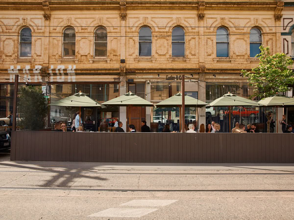 the exterior of Marion Wine Bar, Fitzroy with outdoor umbrellas