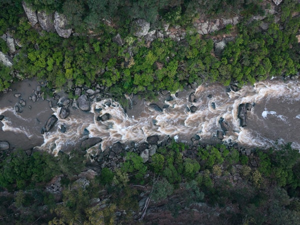 an aerial view of water flowing from Bents Basin into the Nepean River near Wallacia, Sydney