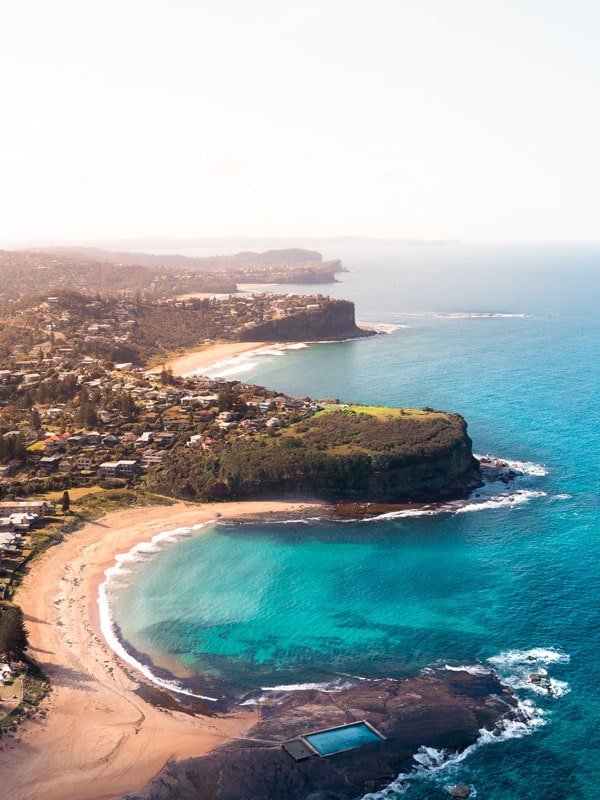 scenic coastal views of Mona Vale Beach across Basin Beach and Bungan Beach