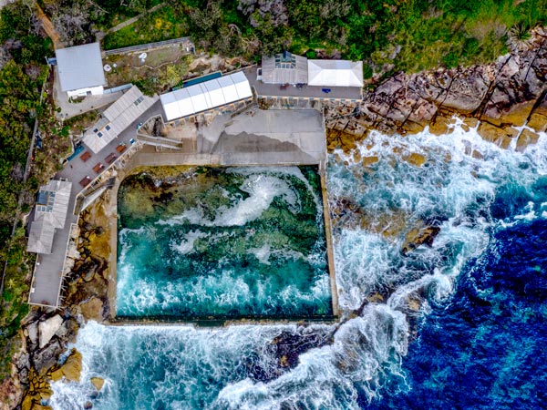 an aerial view of the tidal pools at Wylie's Bath, Coogee