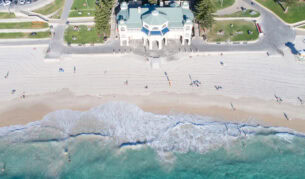 an aerial view of the white sands at Cottesloe Beach, Perth