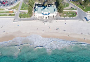 an aerial view of the white sands at Cottesloe Beach, Perth