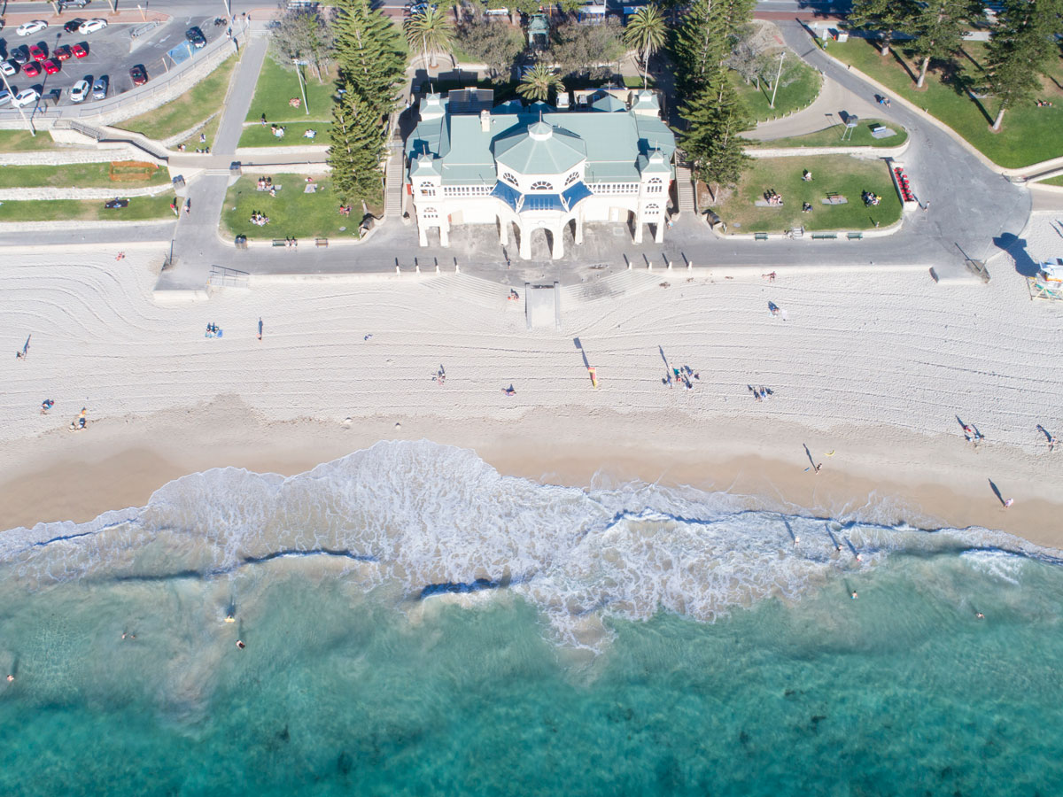 an aerial view of the white sands at Cottesloe Beach, Perth