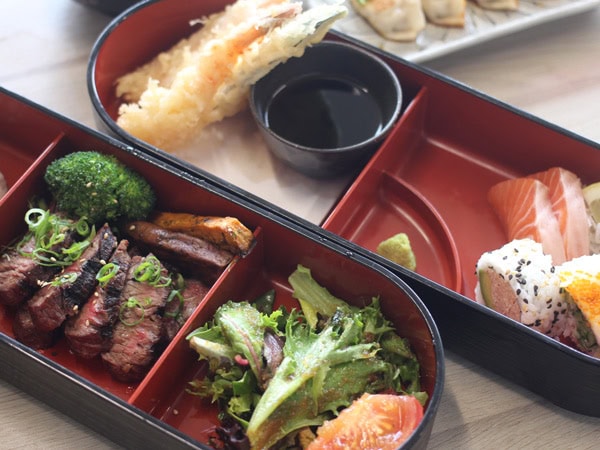 a bento box at RAKU Izakaya