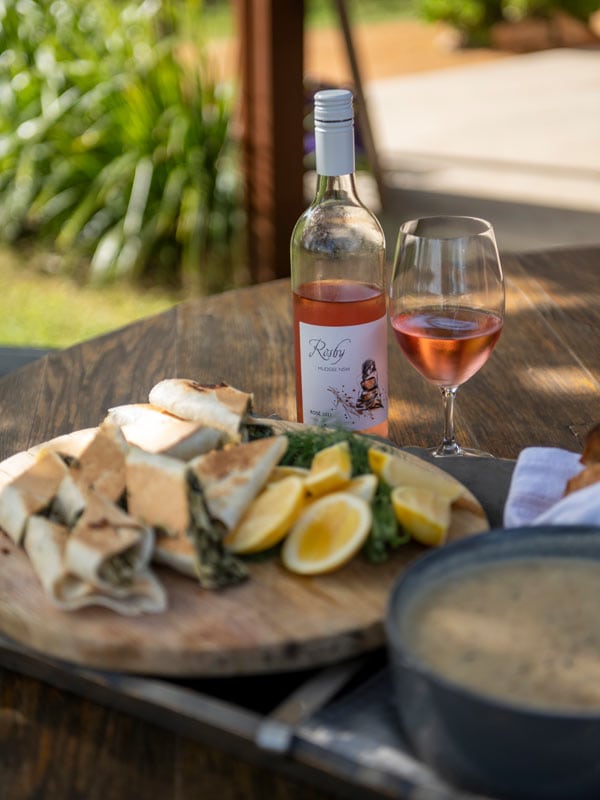 Wine and platter of food at Rosby Wines in Mudgee