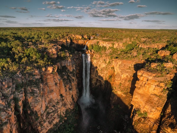 an aerial view of the waterfalls in Kakadu