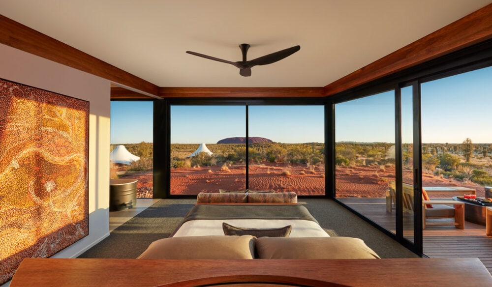 a look inside a luxury tent with scenic views of Uluru at Longitude 131