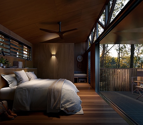 Interior of bedroom at Spicers Eco Cabins