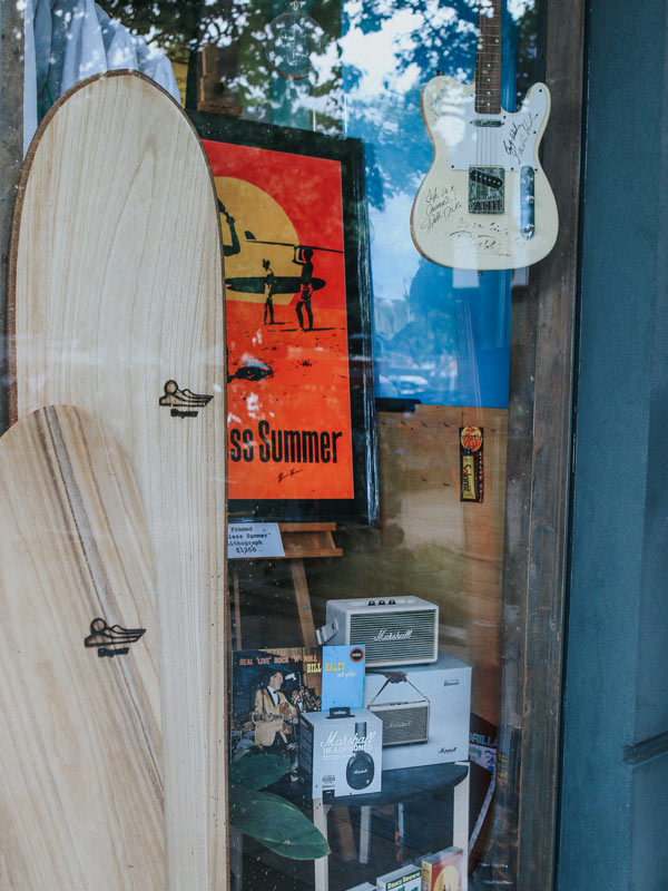the shop display at Noosa Longboards Store