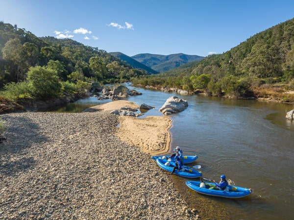 an aerial view of kayakers on Snowy River, Alpine River Adventures